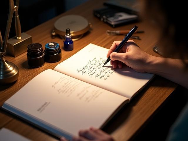 Plan large d'un espace de travail d'atelier de calligraphie, instruments et parchemins arrangés.