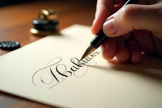 Main calligraphiant de l'anglaise traditionnelle avec une plume et un encrier.
