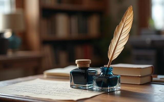 Plume et encre sur un bureau en bois dans un atelier d'artiste, ambiance lumineuse et élégante.