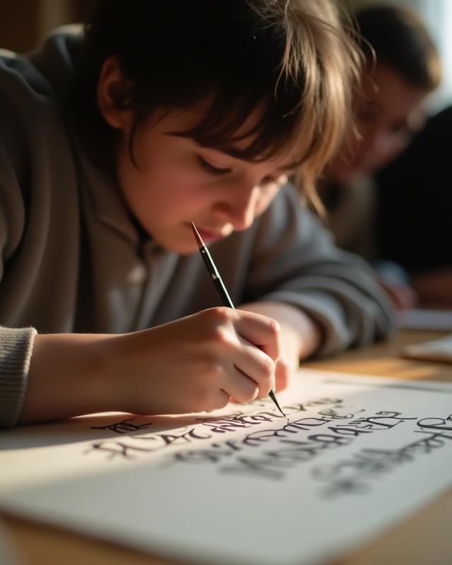 Étudiant concentré lors d'un atelier de calligraphie, pratiquant l'écriture au pinceau