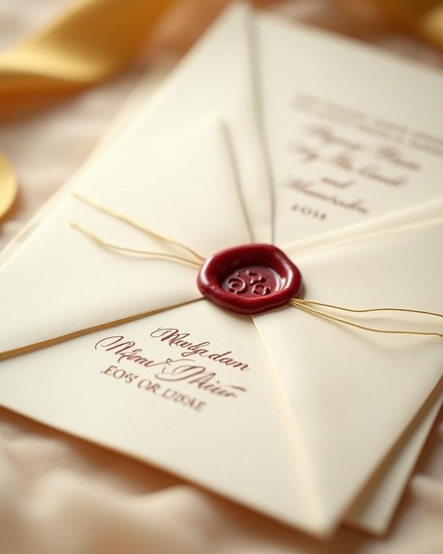Invitation de mariage élégante avec écriture cursive et sceau de cire personnalisé