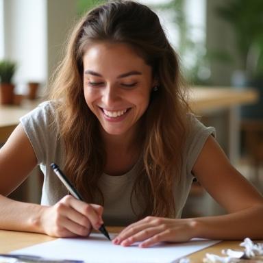 A happy student in an Encre Voyage workshop, focused on writing with a pen during a calligraphy lesson.